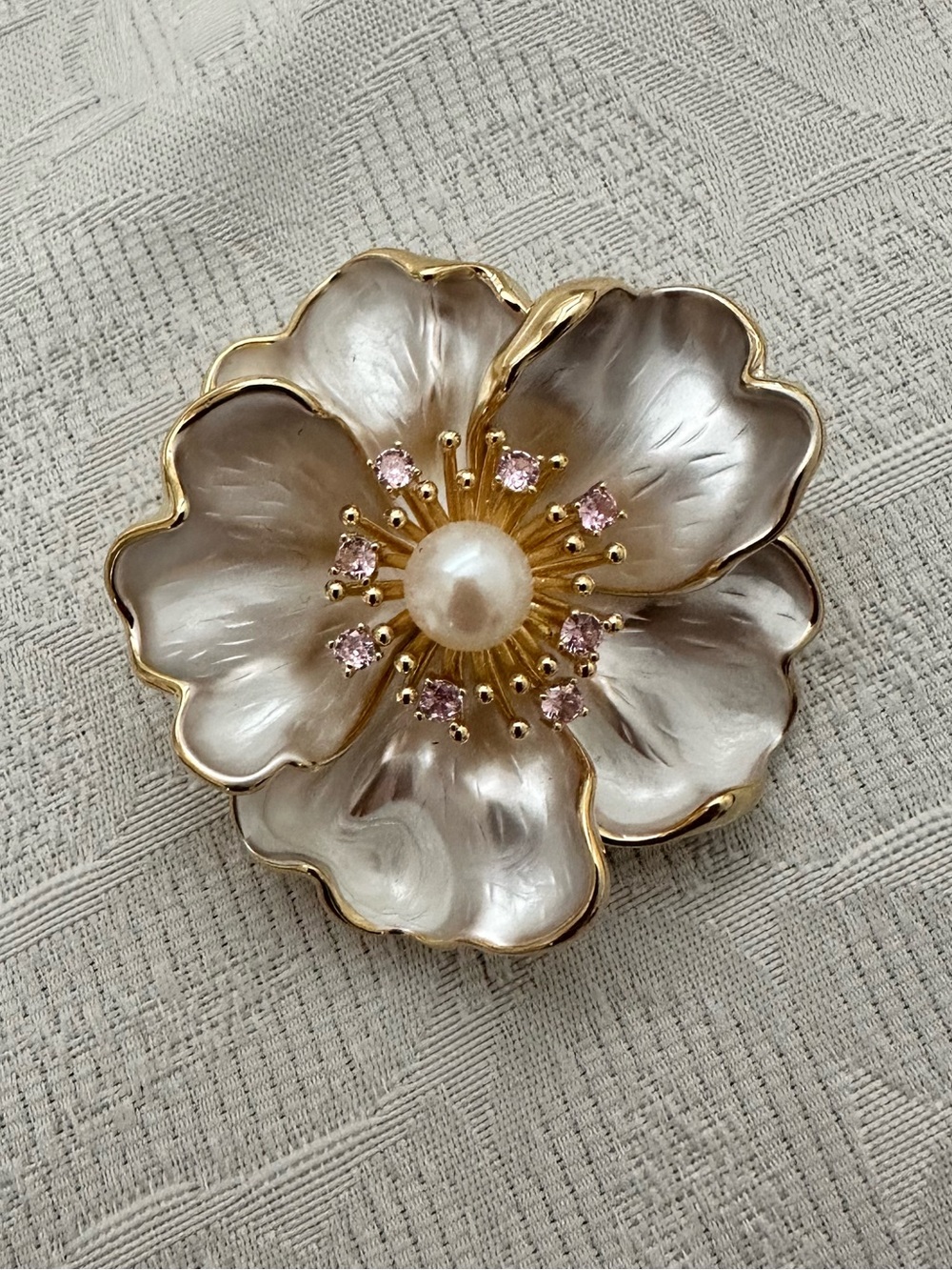 Gold Plated Freshwater Pearl Floral Brooch with Pink Accent Stones